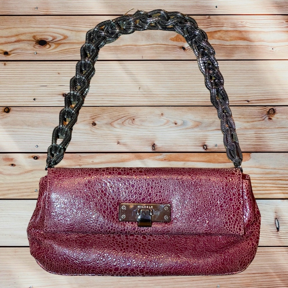 MICHELE Burgundy Textured Leather Gun Metal Chain Handbag - NWOT
